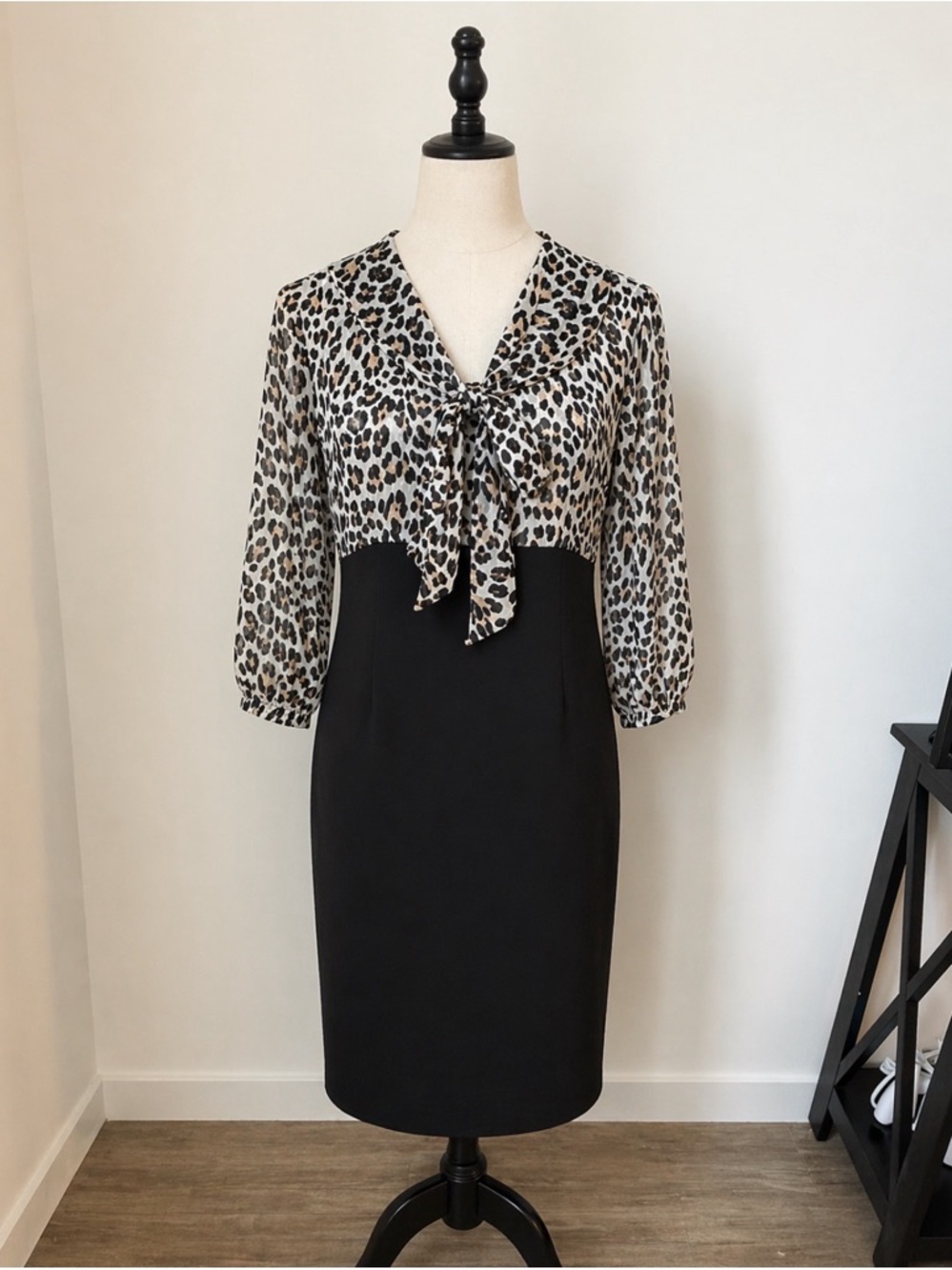 White House Black Market Leopard Print Tie-Neck Black Midi Dress